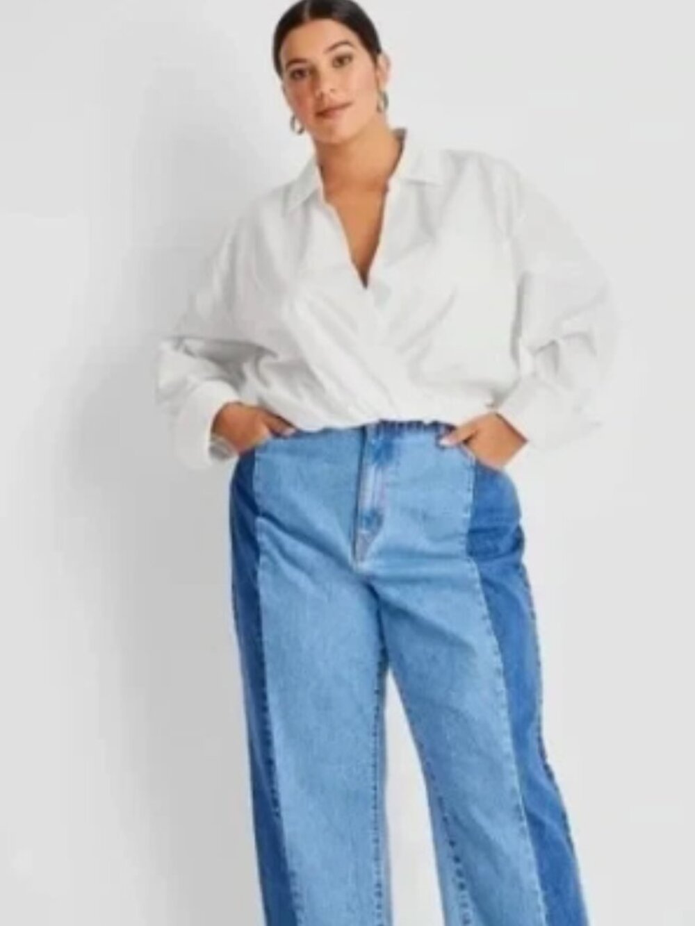 Future Collective Women's Plus Long Sleeve Cropped Shirt Elastic Waist